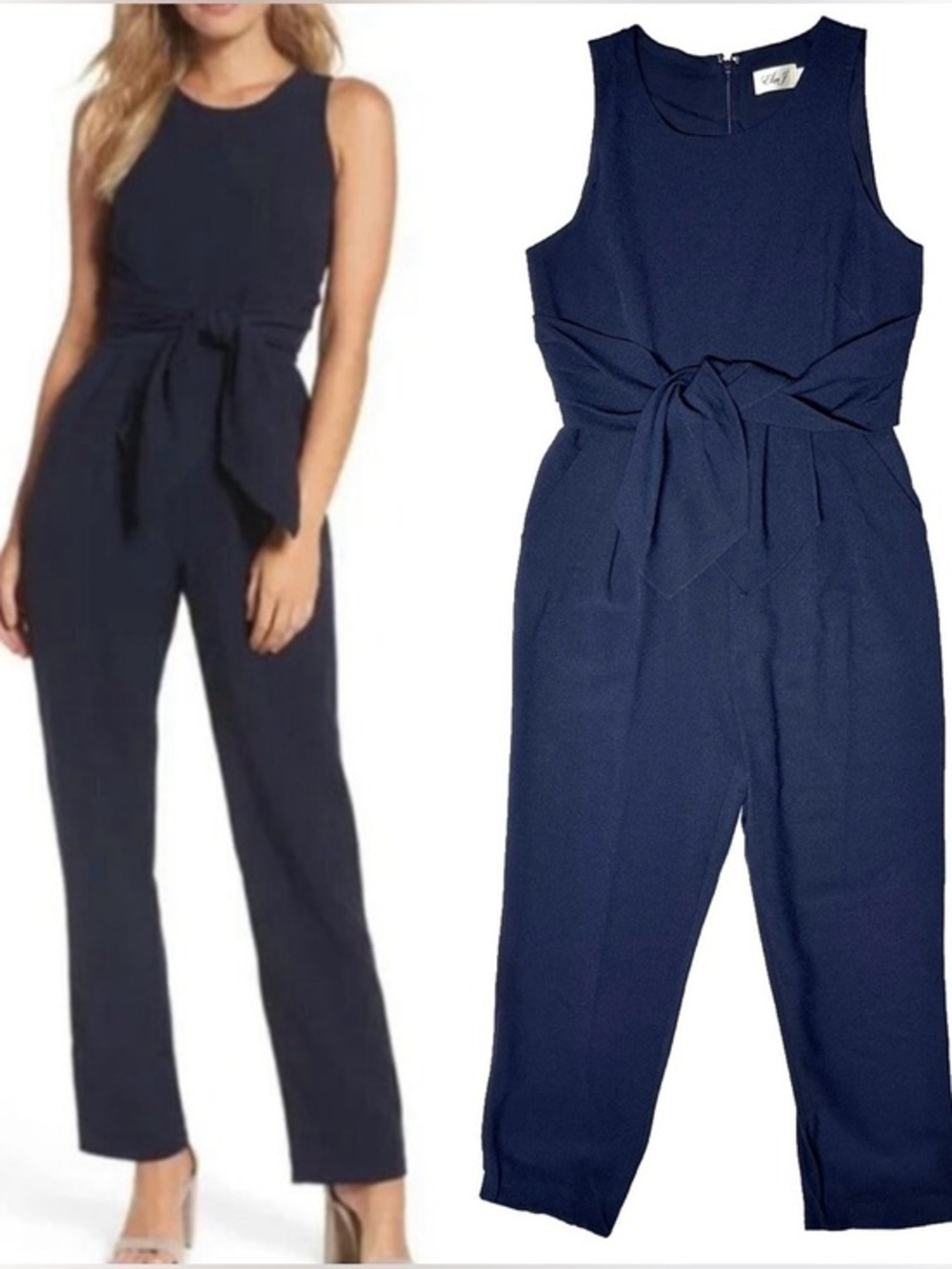 Eliza J Navy Blue Crepe Tie Waist Jumpsuit Size 12 Pleated Waist Office Coastal